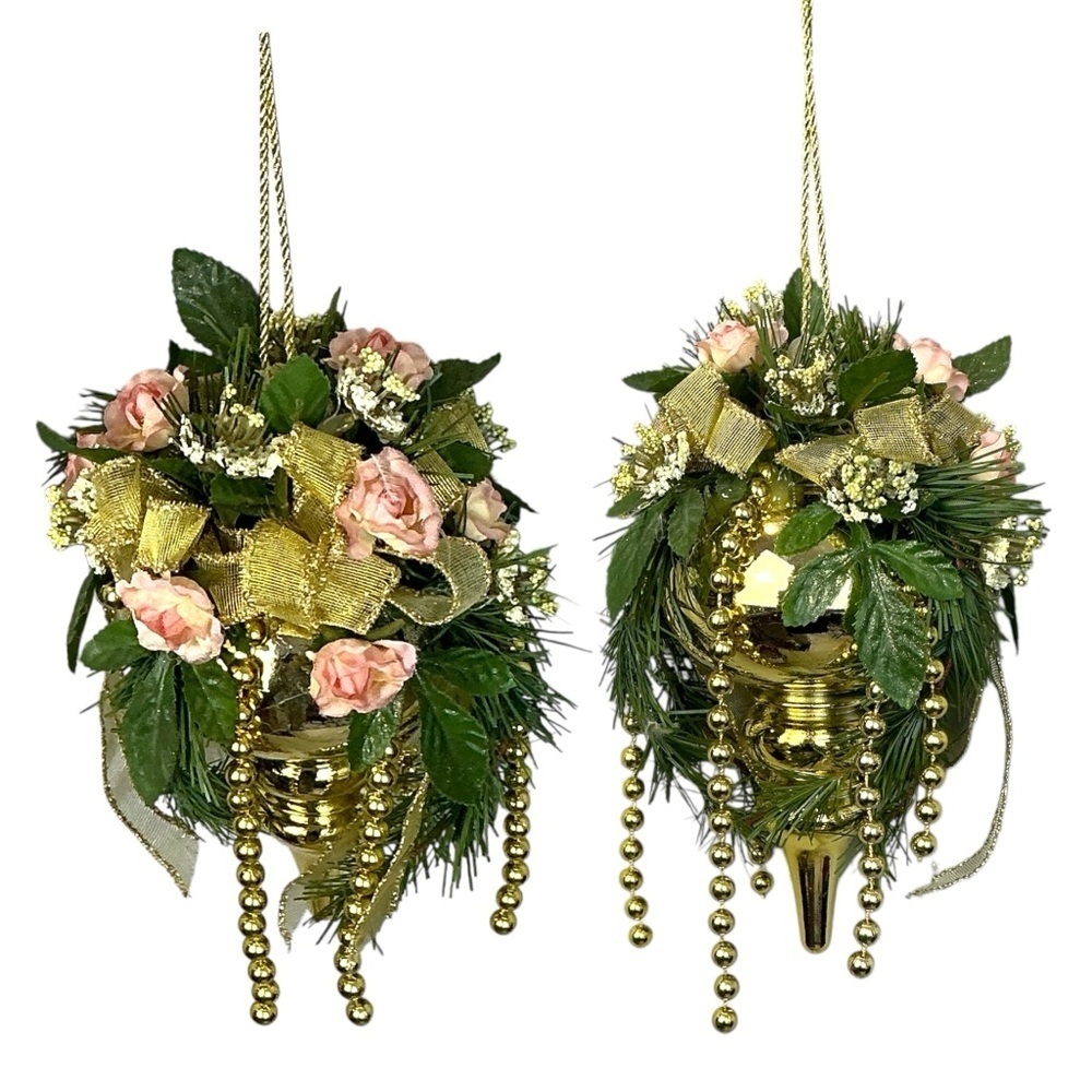 Floral Hanging Ornament Hand Crafted Pink Coral Rose Gold Accent Vintage 1990 8” - Picture 7 of 15